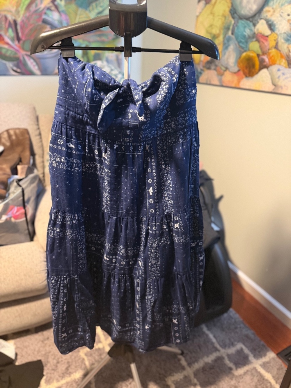 strapless midi dress navy blue bandana print